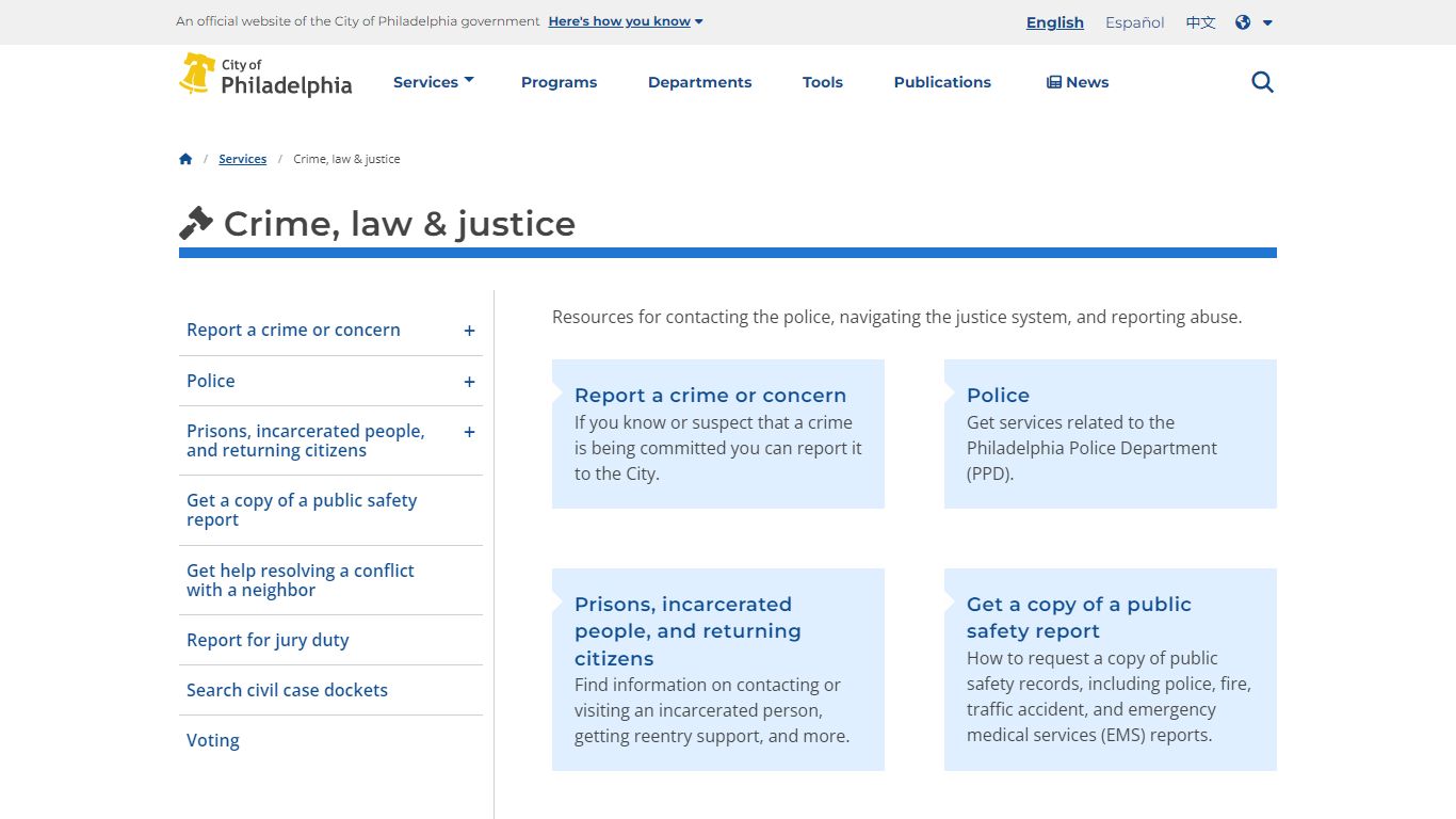 Crime, law & justice | Services | City of Philadelphia